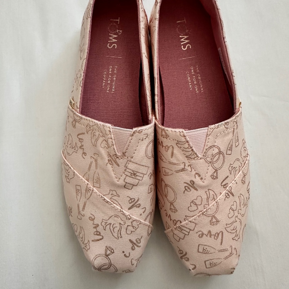 Toms Alpargata Wedding Day Print Pink Canvas Bridal Slip On Flats SZ 7